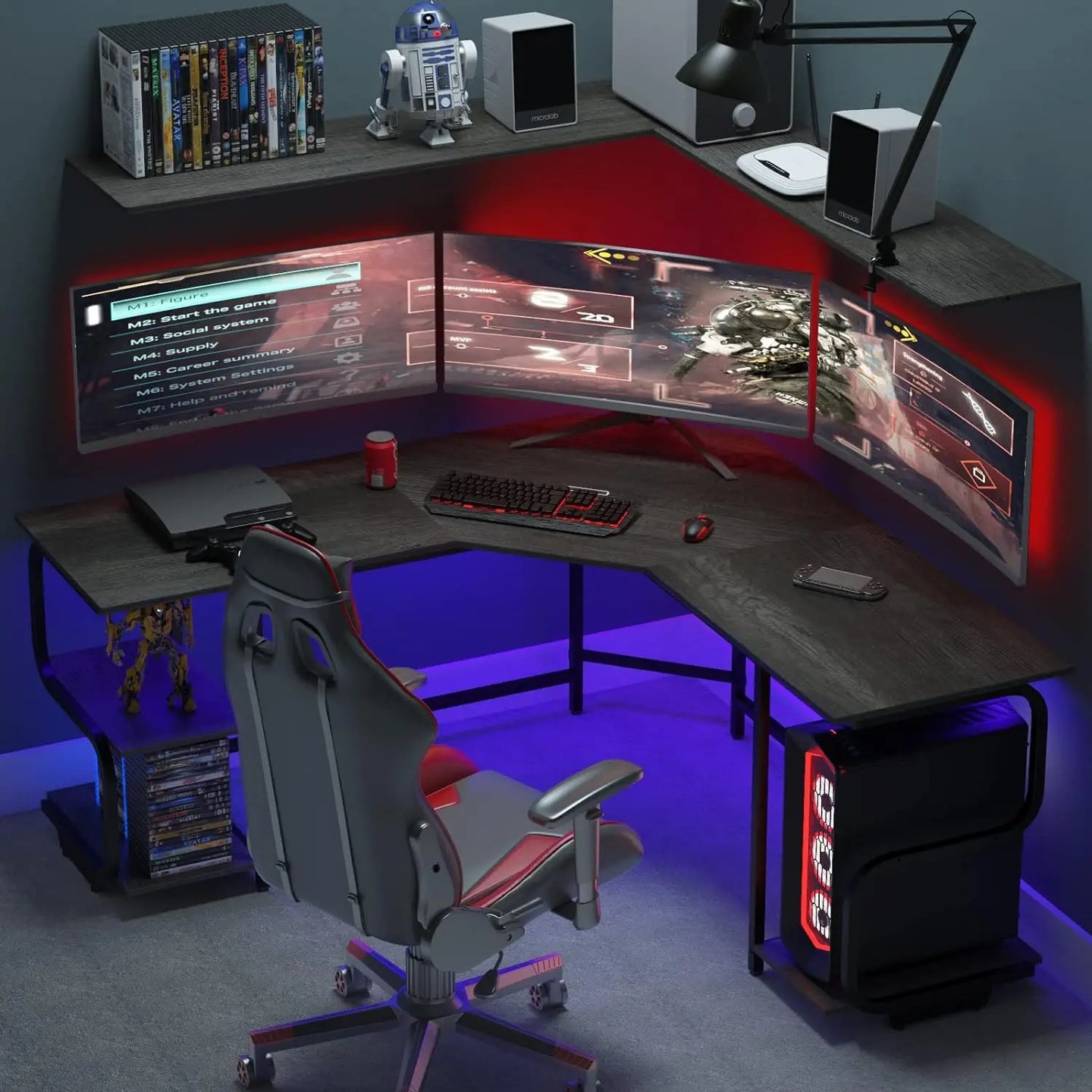 Modern L Shaped Desk with Shelves,64.84" Gaming Computer Desk for Home Office,Corner Desk with Desktop ，Black Oak