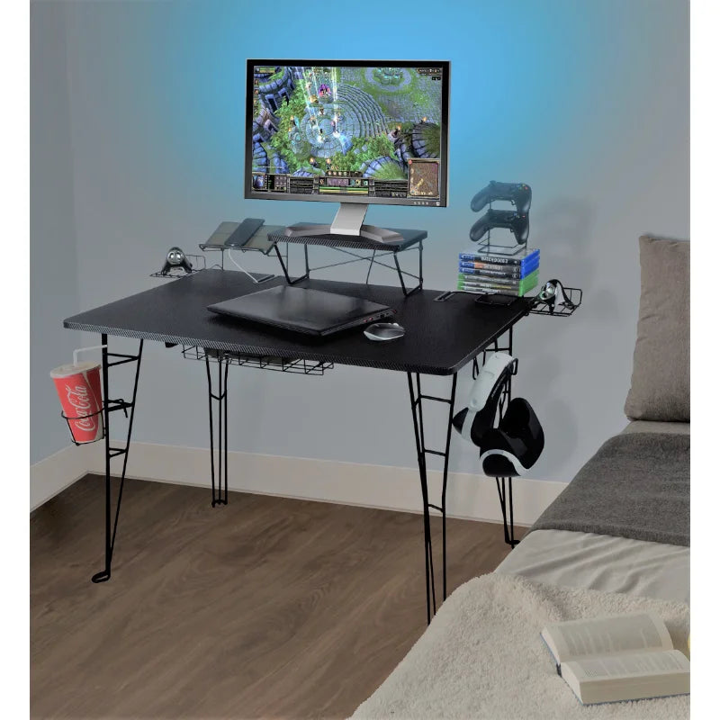 Original Gaming Desk with 32" Monitor Stand, Charging Station and Gaming Storage, Black Carbon Fiber